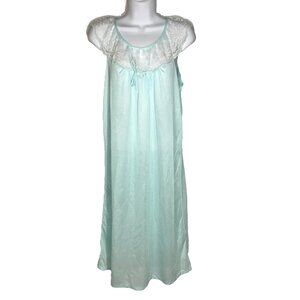 Vintage 70s Spotlight Midi Nightgown Size S Pale Aqua Blue White Lace Nylon